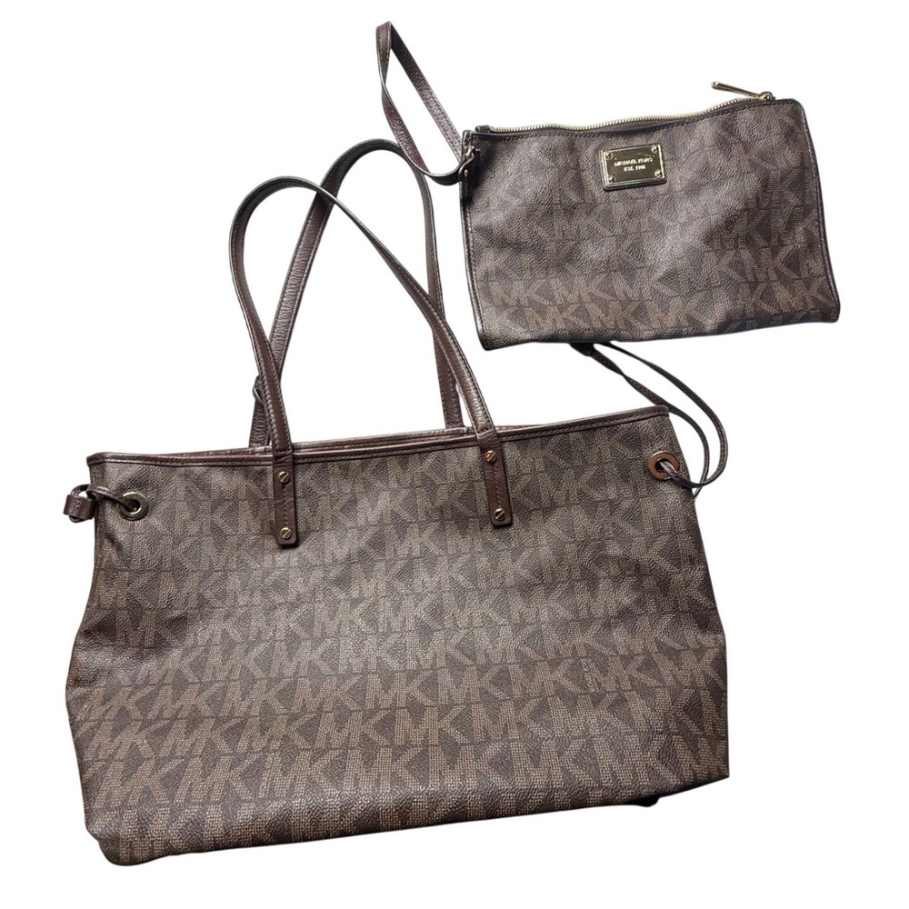 Michael Kors Reversible‎ Signature Tote Brown Snake Print Bag w/ Zip Pouch